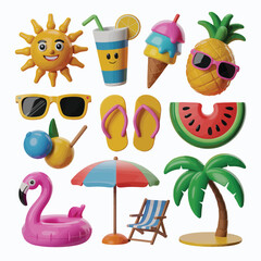 Collection of cheerful cartoon summer vacation icons and symbols on white background