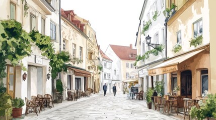 Obraz premium Charming cozy street in an old European town with cafes. Picturesque watercolor cityscape with cobblestones on white background.