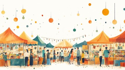 Creative craft fair with artisans and handmade goods. Community watercolor event with visitors on a clean white background.