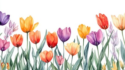 Vibrant field of multi-colored tulips in spring. Colorful watercolor floral landscape on a clean white background.