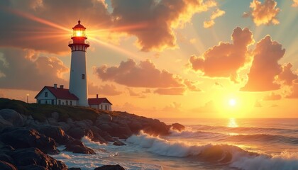 Lighthouse beams light at sunset over ocean waves. Majestic beacon on rocky coast, sea, water with horizon. Dramatic scenic nature landscape with beautiful golden light. Calmness serenity peace hope