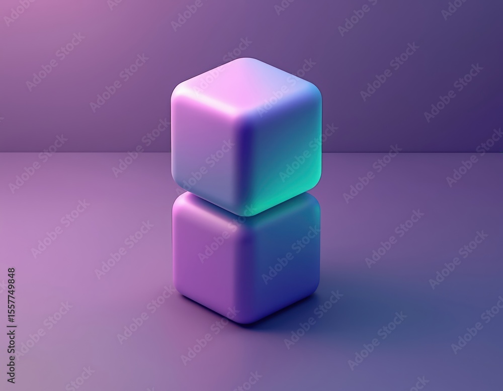 Poster isometric view two stacked vibrant glossy cubes. geometric shapes render gradient colors from purple