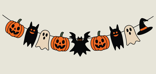 Cute halloween garland with pumpkins ghosts bats and witch hat decoration