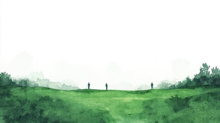 Leisurely golf course with players on green lawns. Elegant watercolor sport scene with sand traps on a white background.