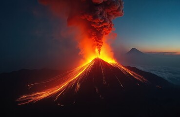 Fototapeta premium Volcano eruption at sunrise with lava flow, smoke. Active volcano Fuego, Guatemala. Dangerous volcanic landscape, fire, ashes. Hiking camping concept with mountain range at background.
