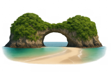Pristine tropical landscape showing natural stone arch bridging verdant cliffs, revealing secluded white sandy beach and clear waters