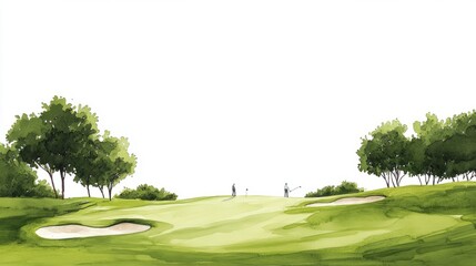 Leisurely golf course with players on green lawns. Elegant watercolor sport scene with sand traps on a white background.