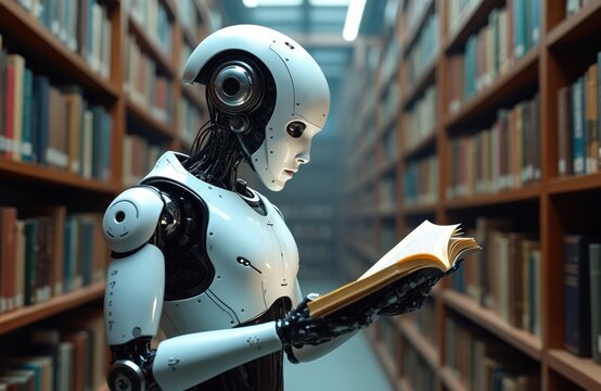 Futuristic robot explores library, reads book surrounded by bookshelves. AI android studies literature, education concept, modern tech meets knowledge. Innovation, learning, research, artificial
