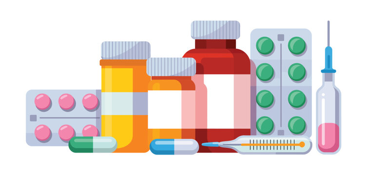 Collection of medical supplies including pills capsules bottles thermometer and syringe