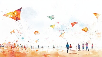 Playful kite flying scene on a beach with colorful kites. Summer watercolor activity on a clean white background.