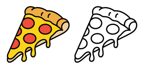 Two slices of pepperoni pizza one colored and one outline for coloring
