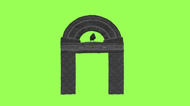 Raven on a stone block entry green screen