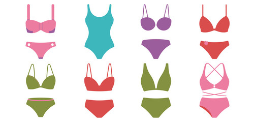 Collection of colorful flat design swimwear and bikinis on white background