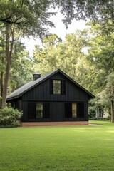 Obraz premium Modern black cottage nestled among lush greenery in a serene outdoor setting, showcasing a unique architectural style and surrounding nature during daylight hours