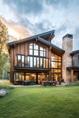 Fototapeta premium A contemporary wooden house, featuring expansive windows, is nestled in a serene natural environment illuminated by the warm hues of sunset