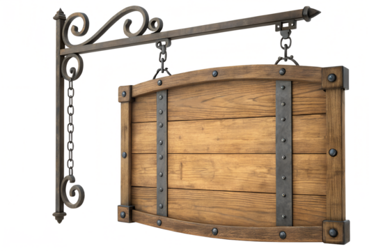 Rustic wooden signboard with ornate metal bracket chain