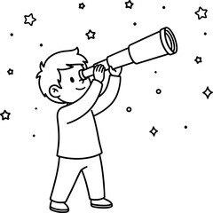 A curious kid stargazing through a telescope surrounded by stars and space