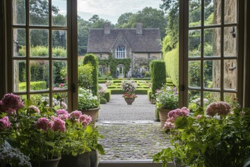 Obraz premium Beautiful garden view from a charming house entrance showcasing vibrant flowers and meticulously landscaped hedges in a serene countryside setting during the afternoon