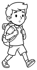 Obraz premium Cartoon Boy with Backpack Ready for an Adventure Line Art Illustration