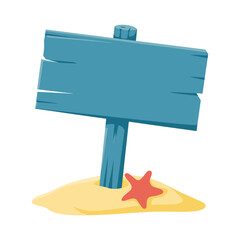 Empty blue wooden beach signpost with starfish on sand