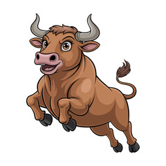 Cartoon Illustration of a Brown Bull in a Jumping Pose friendly cartoon bull depicted dynamic jumping stance cartoon bull brown bull jumping bull
