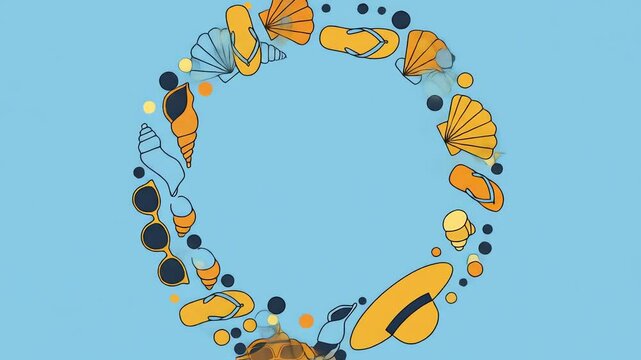A light blue backdrop with a circle of beachthemed illustrations