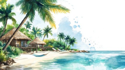 Fototapeta premium Idyllic tropical island with bungalows and hammocks. Paradise watercolor scene with palm trees on a clean white background.