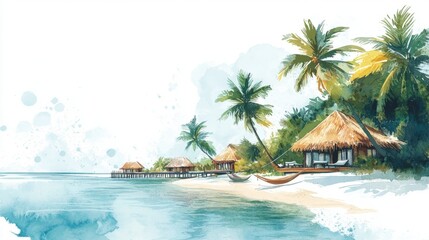 Idyllic tropical island with bungalows and hammocks. Paradise watercolor scene with palm trees on a clean white background.