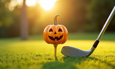Halloween pumpkin as golf ball on tee with golf club at impact on grass field with sunset background. Funny Halloween golf game