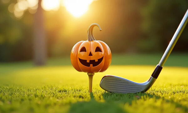 Halloween pumpkin as golf ball on tee with golf club at impact on grass field with sunset background. Funny Halloween golf game