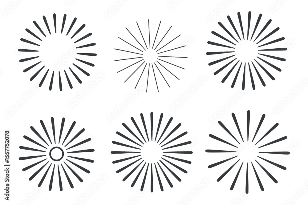 Poster set of six circular radial lines design elements simple symmetrical radiating lines forming circular