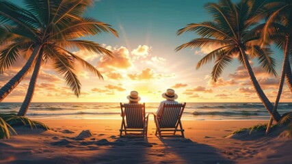 Happy couple relax on a tropical sand beach on sunbed - Powered by Adobe