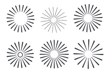 Set of Six Circular Radial Lines Design Elements simple symmetrical radiating lines forming circular patterns radial lines circular design geometric shapes vector graphics