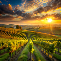 Fototapeta premium Vineyard landscape at sunrise with rows of grapevines in a golden hour. Rows of lush green grapevines stretching across rolling hills. with a vibrant sunrise lighting the landscape.
