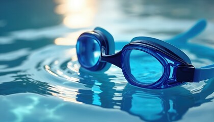 Blue swimming goggles rest on rippling water surface, pool background. Aquatic leisure equipment. Summertime, pool activity, relax, swim, exercise. Sport gear for swimming.
