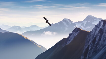 bird soaring through mountain range