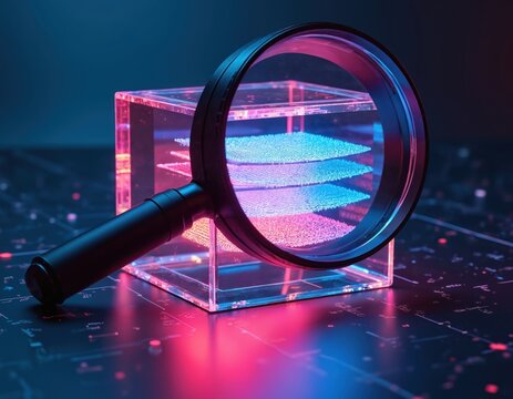 3D illustration of a magnifying glass dissecting layers of data in a digital cube. Deep search capabilities are symbolized. Conceptual image for data exploration, information technology, innovation.