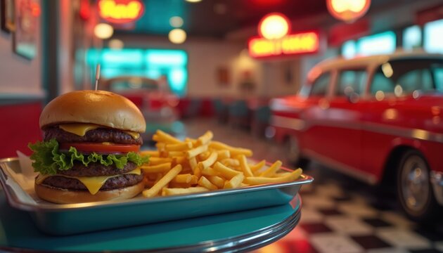 Nostalgic diner scene with double hamburger, fries on tray illuminated by neon lights. Retro setting with classic car evokes 1950s atmosphere. Vintage food, tasty snack. Perfect for restaurant