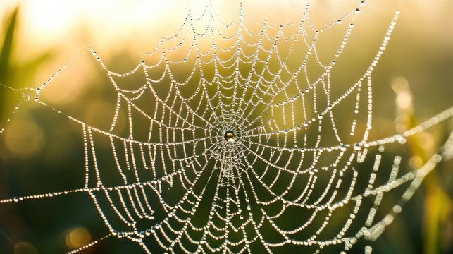 A delicate spider web covered in tiny water droplets glistens