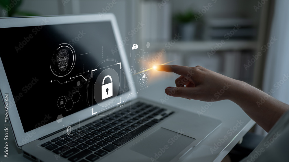 Poster ai cyber security system using biometric authentication and privacy control. cyber security protects
