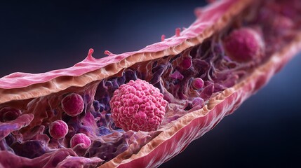 Medical depiction of esophageal cancer cells penetrating muscle wall accurate anatomy cross section inflammation tumor growth visible