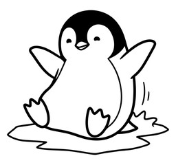 Obraz premium Adorable cartoon penguin sitting on ice, in black and white drawing