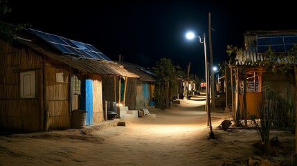 Solar Lights Illuminating a Peaceful Small Town Street under a Calm Evening Sky with Houses and Trees