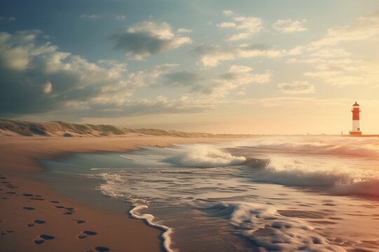 Coastal Tranquility: A serene beach scene with gentle waves, golden sand, and a distant lighthouse standing tall against the horizon