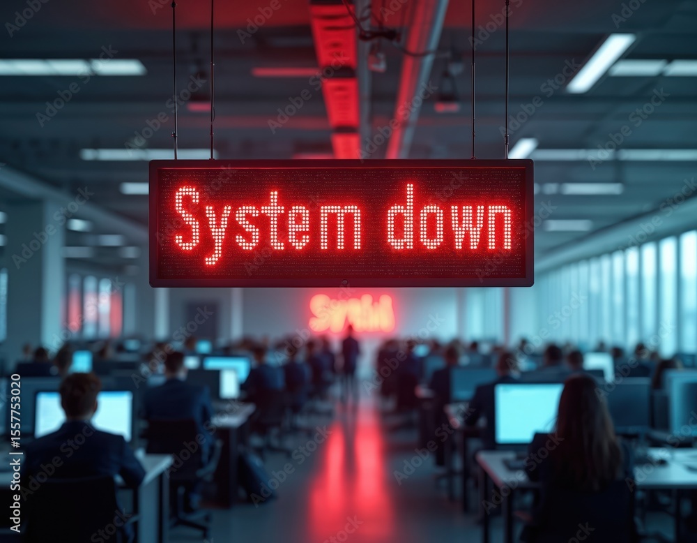 Poster red system down sign, indicating it problem in office. employees working on computers, network failu