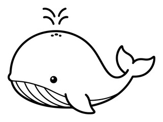 Black and white cartoon illustration of a whale spraying water happily