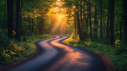 Fototapeta premium Winding road through forest at sunrise