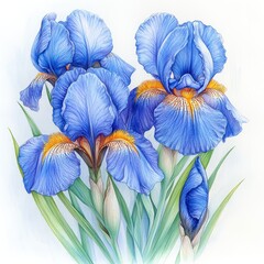 Vibrant blue irises in detailed illustration