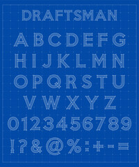 Blueprint Font lettering. Construction engineer font, architectural alphabet letters and numbers on blue measurement grid background. Technical drawing style font. Vector illustration.
