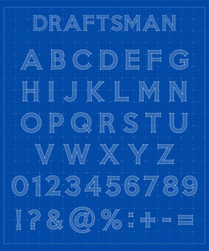 Blueprint Font lettering. Construction engineer font, architectural alphabet letters and numbers on blue measurement grid background. Technical drawing style font. Vector illustration.